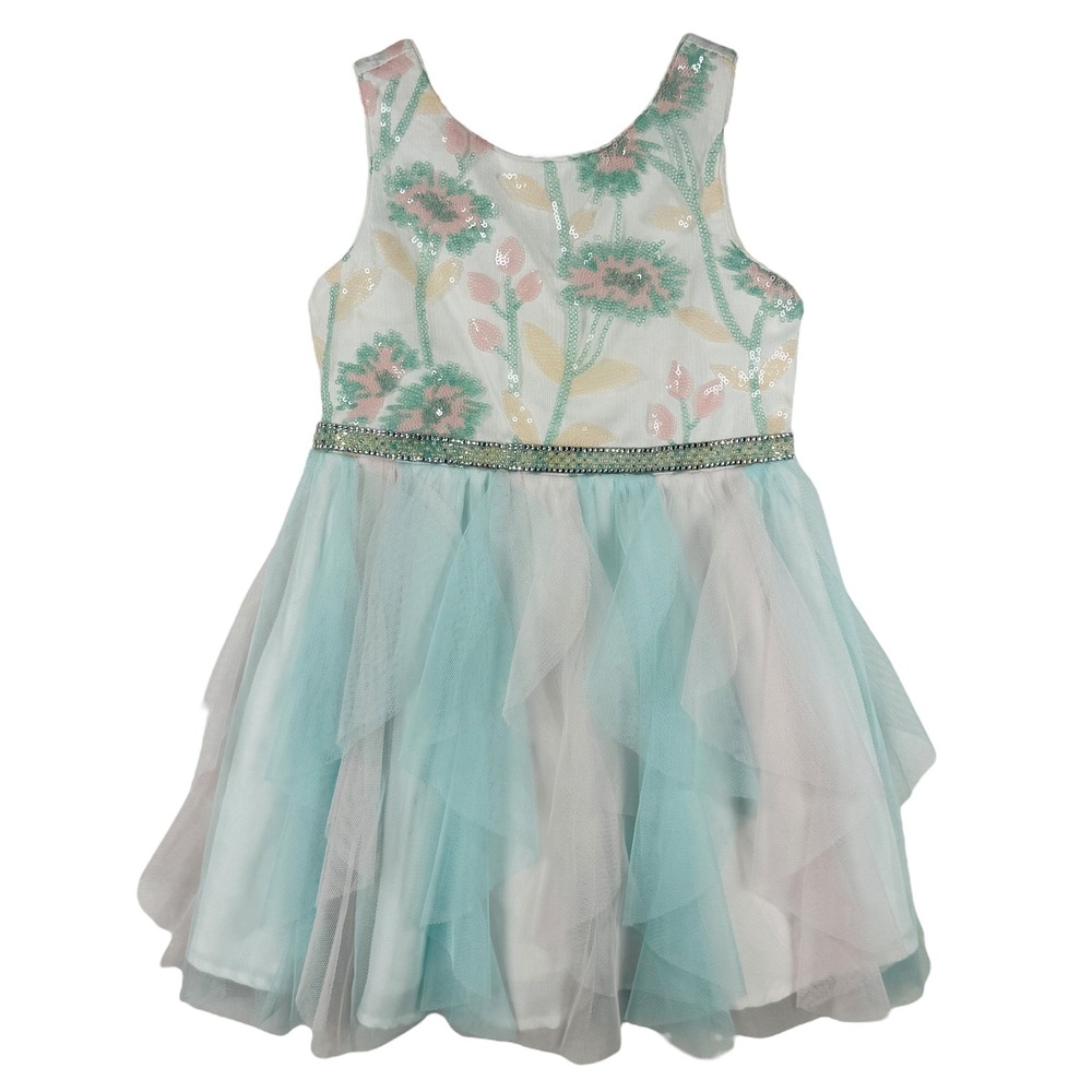 Youngland Sequin‎ Flower Girl Dress Tulle Ruffle Party Sleeveless Size 4